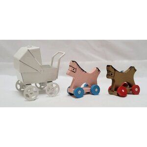 Vintage Lot of 3 Miniature Dollhouse Baby Carriage and Wood Toy Horses